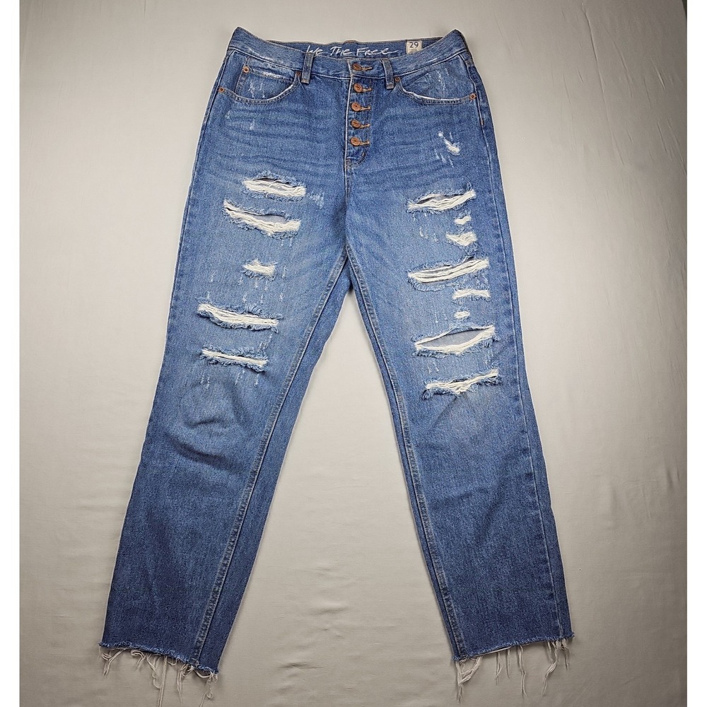 Free People Blossom Rigid Skinny Jeans Women's 29 Blue Distressed Button Fly